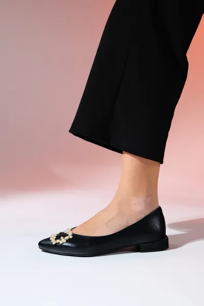 LuviShoes GHENT Čierne Kožené Perlové Kamenné Dámske Ploché Topánky