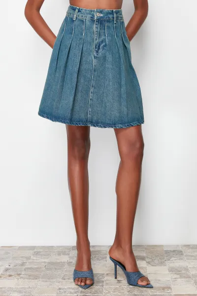 Trendyol Blue Pleated High Waist Mini Denim Skirt