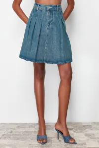 Trendyol Blue Pleated High Waist Mini Denim Skirt
