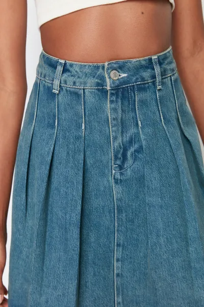 Trendyol Blue Pleated High Waist Mini Denim Skirt