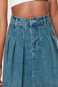 Trendyol Blue Pleated High Waist Mini Denim Skirt
