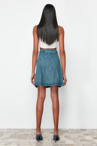 Trendyol Blue Pleated High Waist Mini Denim Skirt