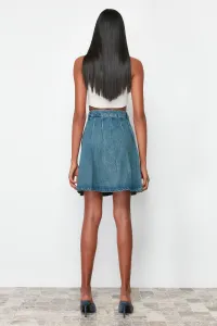 Trendyol Blue Pleated High Waist Mini Denim Skirt
