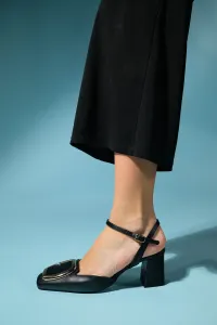 LuviShoes TIE Black Skin Women's Open Back Thick Heeled Shoes