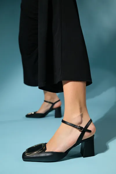 LuviShoes TIE Black Skin Women's Open Back Thick Heeled Shoes
