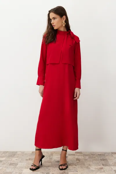 Trendyol Burgundy Collar Tie Detailed Woven Dress