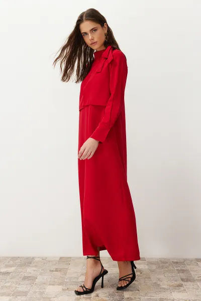 Trendyol Burgundy Collar Tie Detailed Woven Dress