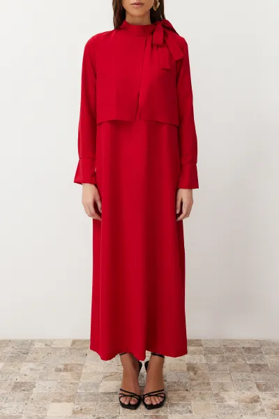 Trendyol Burgundy Collar Tie Detailed Woven Dress