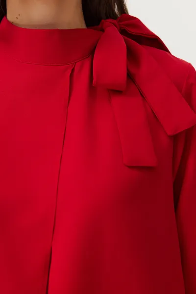 Trendyol Burgundy Collar Tie Detailed Woven Dress