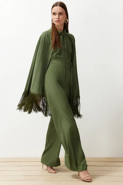 Trendyol Khaki Evening Dress Jumpsuit Tasseled Cape Suit