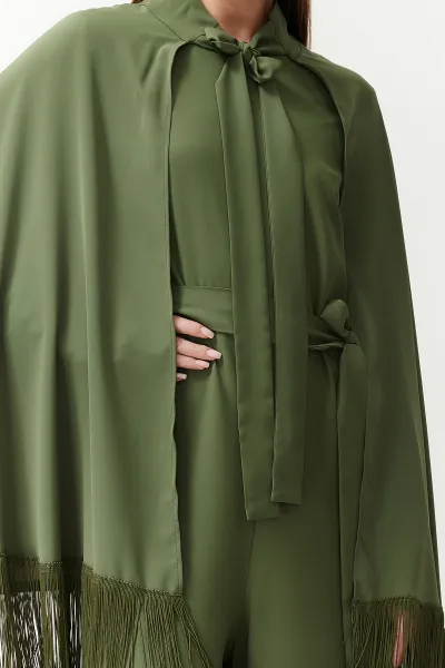 Trendyol Khaki Evening Dress Jumpsuit Tasseled Cape Suit