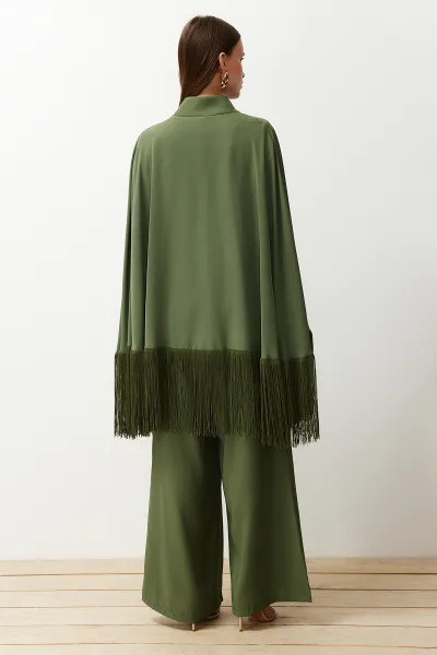 Trendyol Khaki Evening Dress Jumpsuit Tasseled Cape Suit