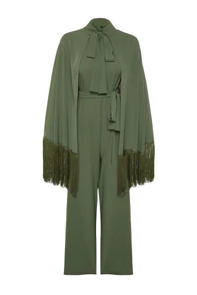 Trendyol Khaki Evening Dress Jumpsuit Tasseled Cape Suit