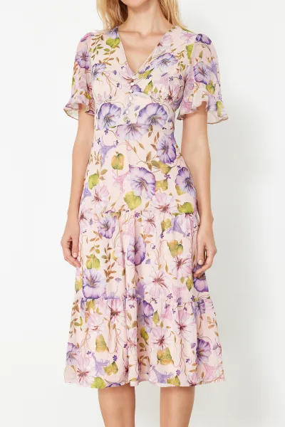 Trendyol Pink Floral Print A-Cut Flounced Midi Lined Chiffon Woven Dress