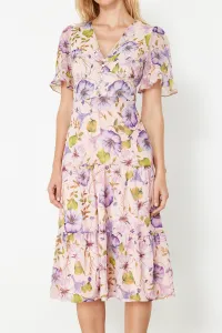 Trendyol Pink Floral Print A-Cut Flounced Midi Lined Chiffon Woven Dress