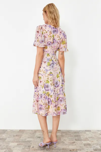 Trendyol Pink Floral Print A-Cut Flounced Midi Lined Chiffon Woven Dress