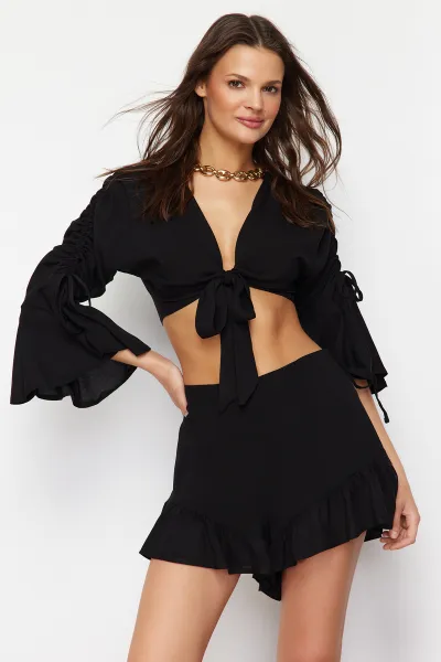 Trendyol Black Woven Ruffle Blouse Shorts Beach Set