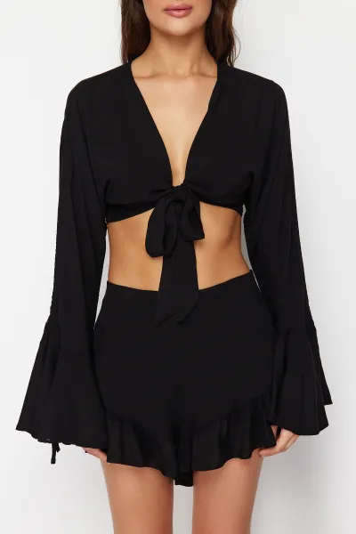 Trendyol Black Woven Ruffle Blouse Shorts Beach Set