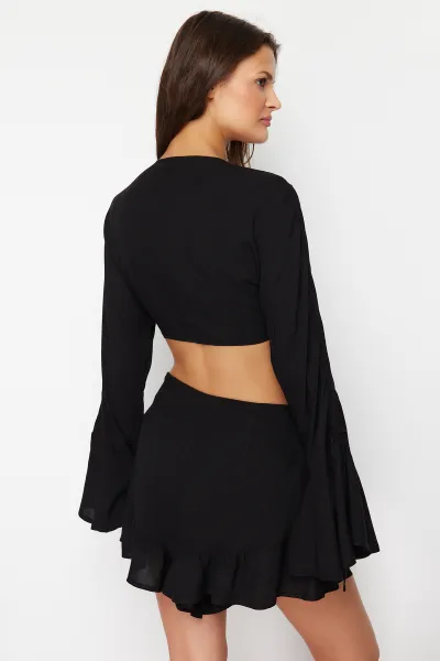 Trendyol Black Woven Ruffle Blouse Shorts Beach Set