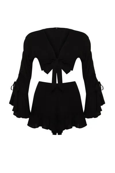 Trendyol Black Woven Ruffle Blouse Shorts Beach Set