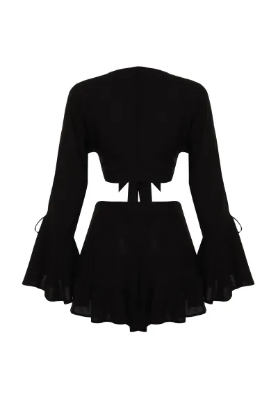 Trendyol Black Woven Ruffle Blouse Shorts Beach Set