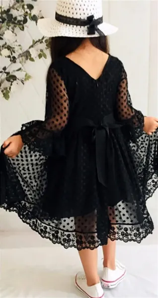 N8712 Dewberry Princess Model Girls Dress with Hat & Lace-BLACK