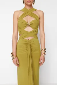 Trendyol X Zeynep Tosun Oil Green Cut Out Knitted Tie Detailed Evening Dress & Graduation Dress