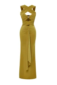 Trendyol X Zeynep Tosun Oil Green Cut Out Knitted Tie Detailed Evening Dress & Graduation Dress