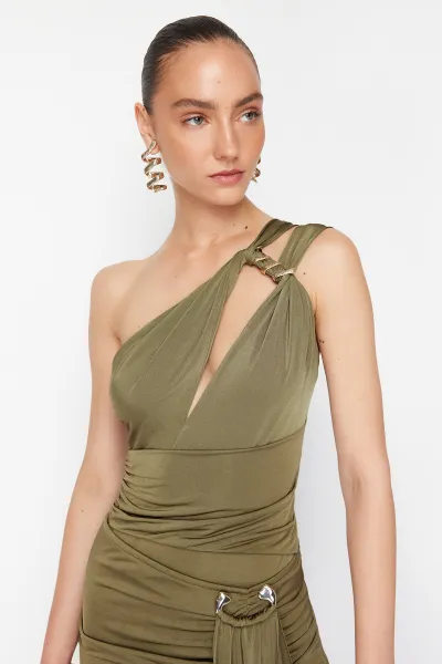 Trendyol X Zeynep Tosun Khaki Window Detailed Knitted Snake Accessory Bodysuit