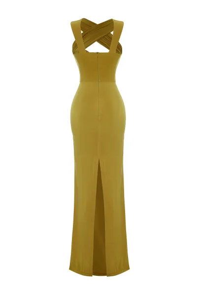 Trendyol X Zeynep Tosun Oil Green Cut Out Knitted Tie Detailed Evening Dress & Graduation Dress
