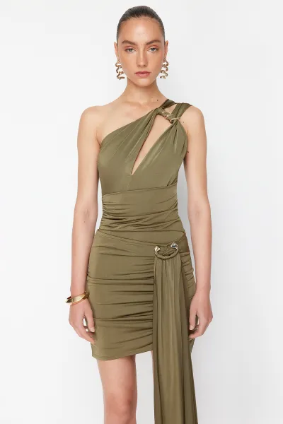 Trendyol X Zeynep Tosun Khaki Window Detailed Knitted Snake Accessory Bodysuit