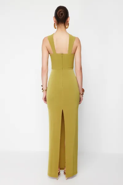 Trendyol X Zeynep Tosun Oil Green Cut Out Knitted Tie Detailed Evening Dress & Graduation Dress