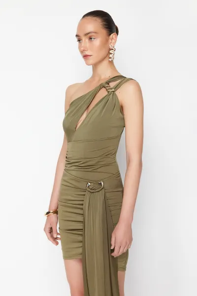 Trendyol X Zeynep Tosun Khaki Window Detailed Knitted Snake Accessory Bodysuit