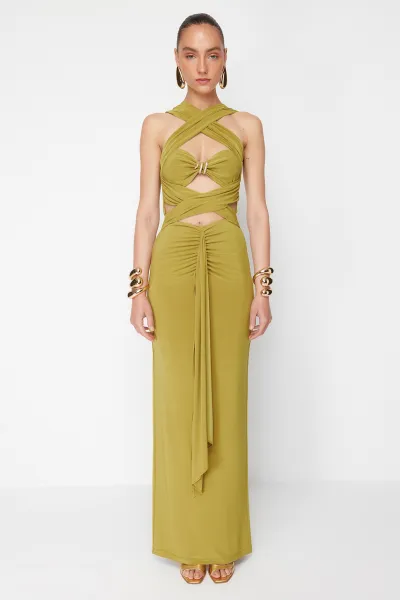 Trendyol X Zeynep Tosun Oil Green Cut Out Knitted Tie Detailed Evening Dress & Graduation Dress