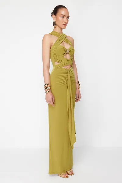 Trendyol X Zeynep Tosun Oil Green Cut Out Knitted Tie Detailed Evening Dress & Graduation Dress