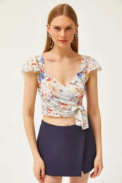 Olalook Women's Blue Floral Side Zipper Sleeve Detailed Mos Crepe Blouse
