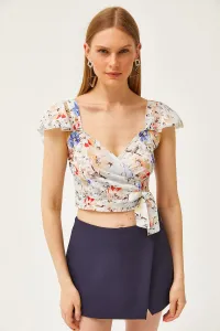 Olalook Women's Blue Floral Side Zipper Sleeve Detailed Mos Crepe Blouse