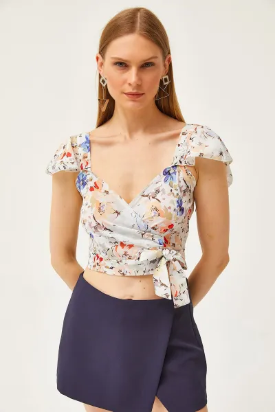 Olalook Women's Blue Floral Side Zipper Sleeve Detailed Mos Crepe Blouse