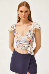 Olalook Women's Blue Floral Side Zipper Sleeve Detailed Mos Crepe Blouse