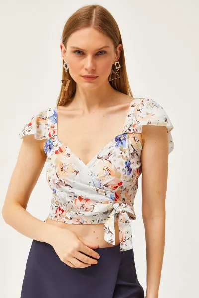 Olalook Women's Blue Floral Side Zipper Sleeve Detailed Mos Crepe Blouse