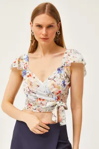 Olalook Women's Blue Floral Side Zipper Sleeve Detailed Mos Crepe Blouse