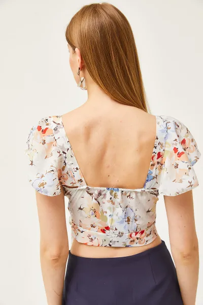 Olalook Women's Blue Floral Side Zipper Sleeve Detailed Mos Crepe Blouse