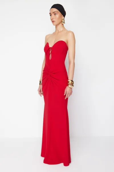 Trendyol X Zeynep Tosun Red Fish Knitting Detailed Long Evening Dress & Graduation Dress