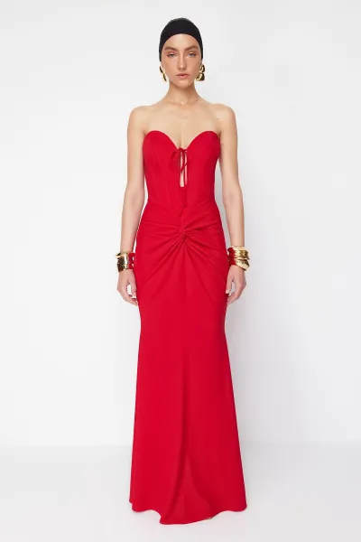 Trendyol X Zeynep Tosun Red Fish Knitting Detailed Long Evening Dress & Graduation Dress