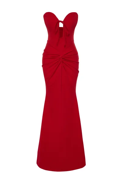 Trendyol X Zeynep Tosun Red Fish Knitting Detailed Long Evening Dress & Graduation Dress