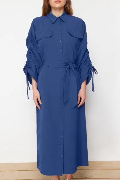 Trendyol Saks Belted Cotton Woven Shirt Dress with Adjustable Sleeves Detail