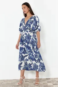 Trendyol Blue Floral A-Line Double-Breasted Midi Woven Dress