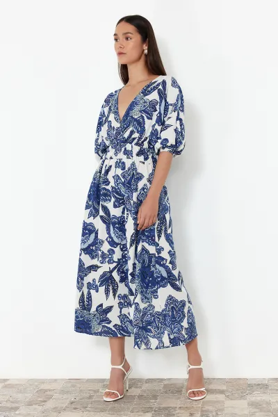 Trendyol Blue Floral A-Line Double-Breasted Midi Woven Dress