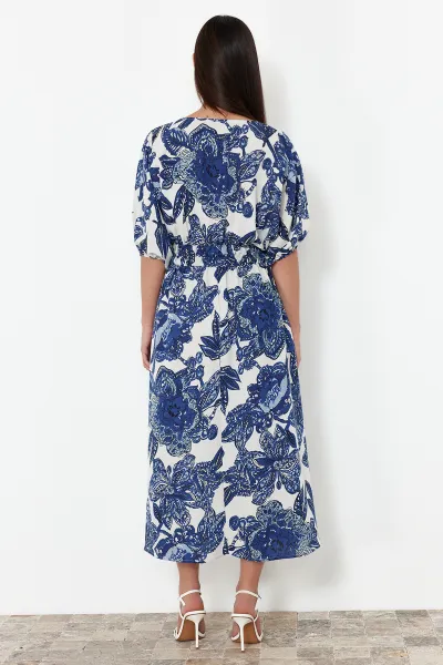 Trendyol Blue Floral A-Line Double-Breasted Midi Woven Dress