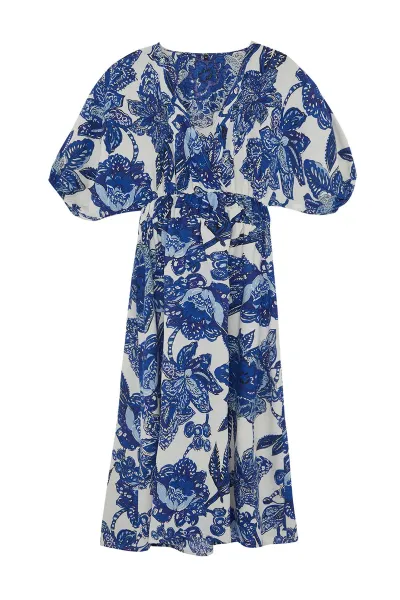 Trendyol Blue Floral A-Line Double-Breasted Midi Woven Dress